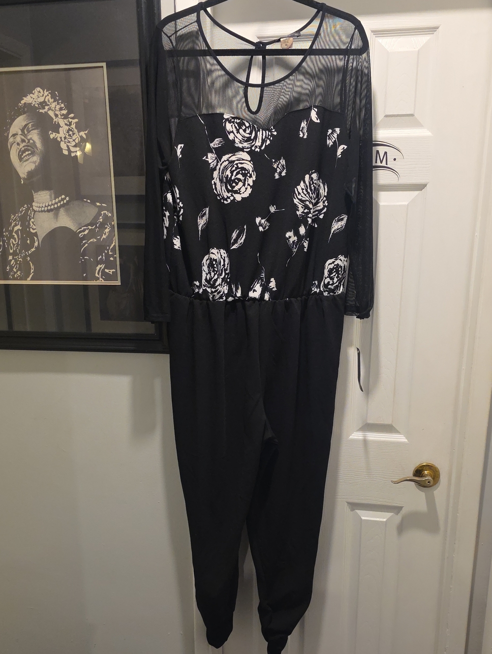 Ing Black Jumpsuit with White Floral Print and Mesh Yoke